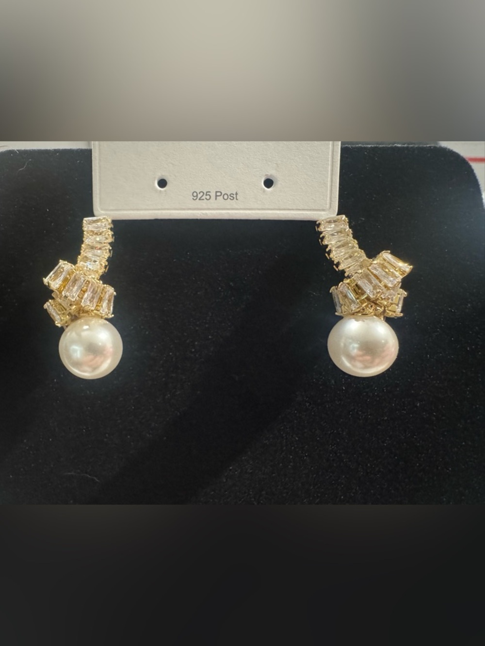 Gold plated sterling silver Pearl Drop Earrings with Crystal Accents